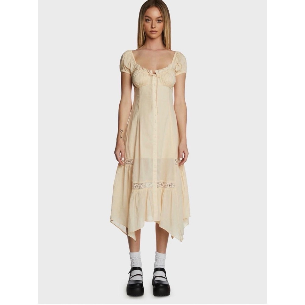 Urban Outfitters Cream Cotton Milkmaid Midi Dress Lace Ruffle Button Front L